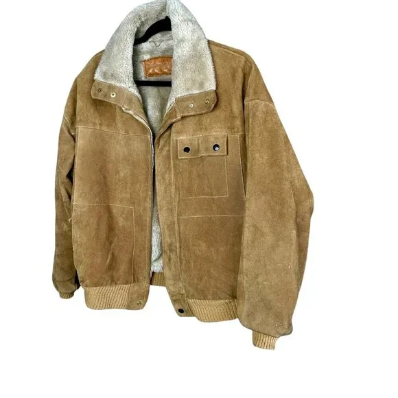 William Barry Tan Suede Flight Bomber Jacket Sherpa Lined Vintage Size 40
